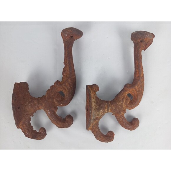 Pair Of Very Old Rustic Cast Iron Double Hangers Hat/Coat Barn Country House - Picture 2 of 7